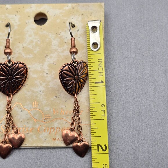 Wheeler Heart-Shaped Copper Dangle Earrings 2" Chain Fringe w/ Hearts Southwest - Picture 4 of 4